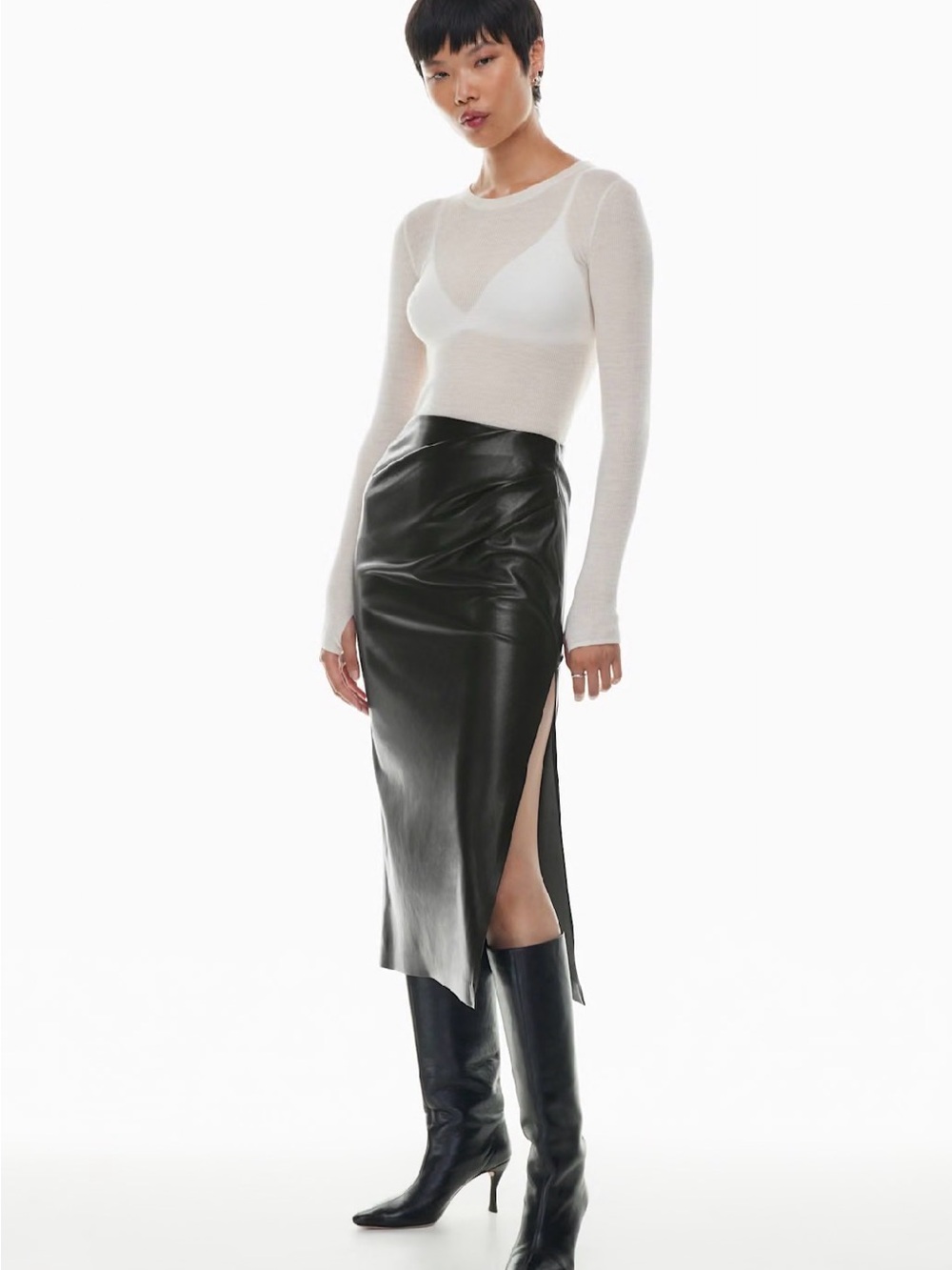 Wilfred Angie Faux-Leather Midi Skirt with High Side Slit in Black Size 12